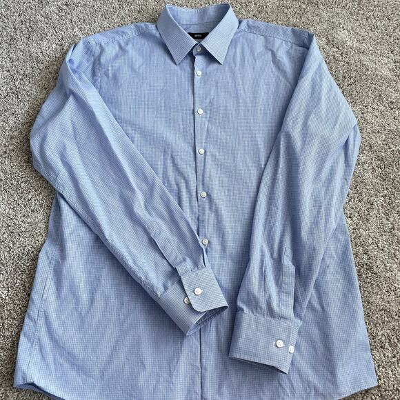 BOSS Hugo Boss Men's 17 (36/37) Blue Sharp Fit Classic Plaid Button Down Shirt - Picture 5 of 15